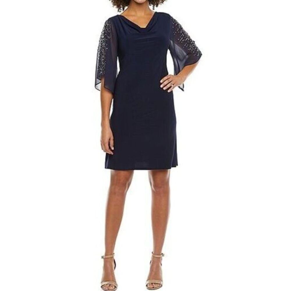 MSK Navy Blue w/ Beaded Embellished Sleeve Stretchy Cocktail Dress Size Large